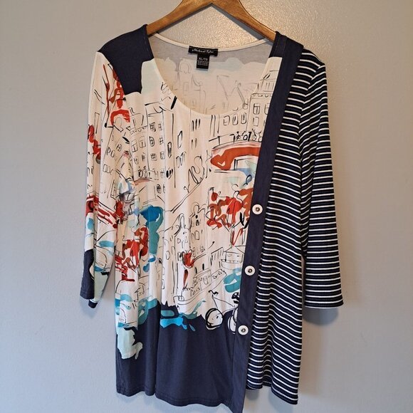 Michael Tayler Woman Patchwork Multicolor Blue‎ 3/4 Sleeve Pullover Top XL - Picture 1 of 13